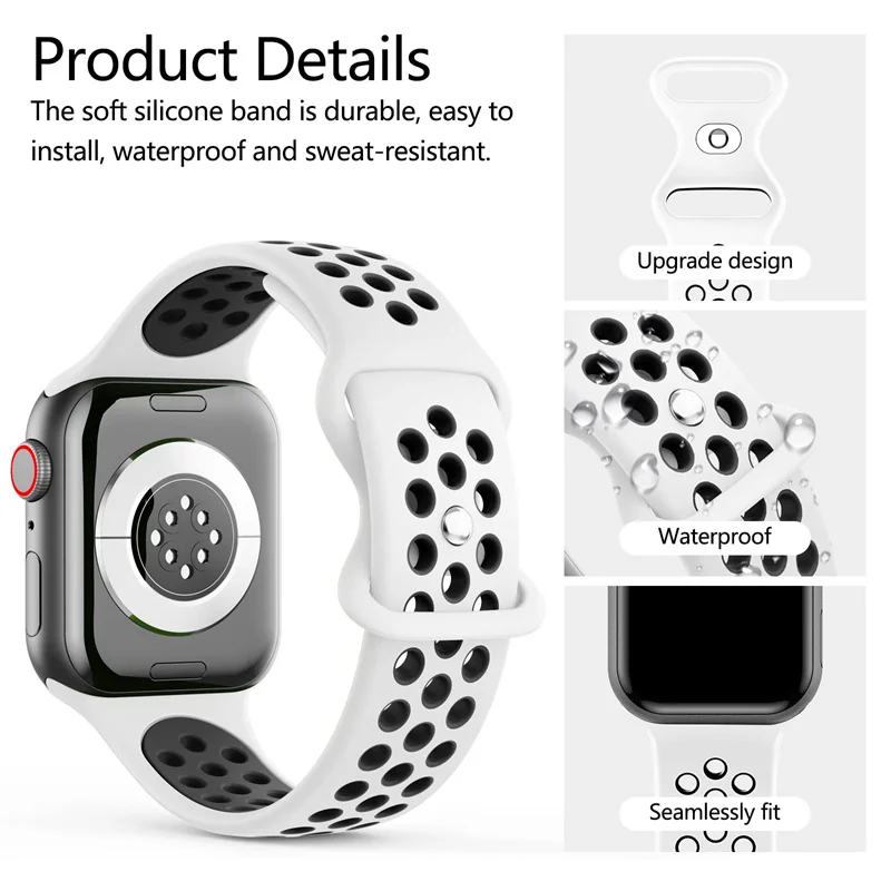 Sport Strap for Apple Watch Band 44mm 40mm 42-38-41mm 45 mm Air-hole Silicone Bracelet iWatch Series 9/8/7 6 SE 5 Ultra 2 49mm