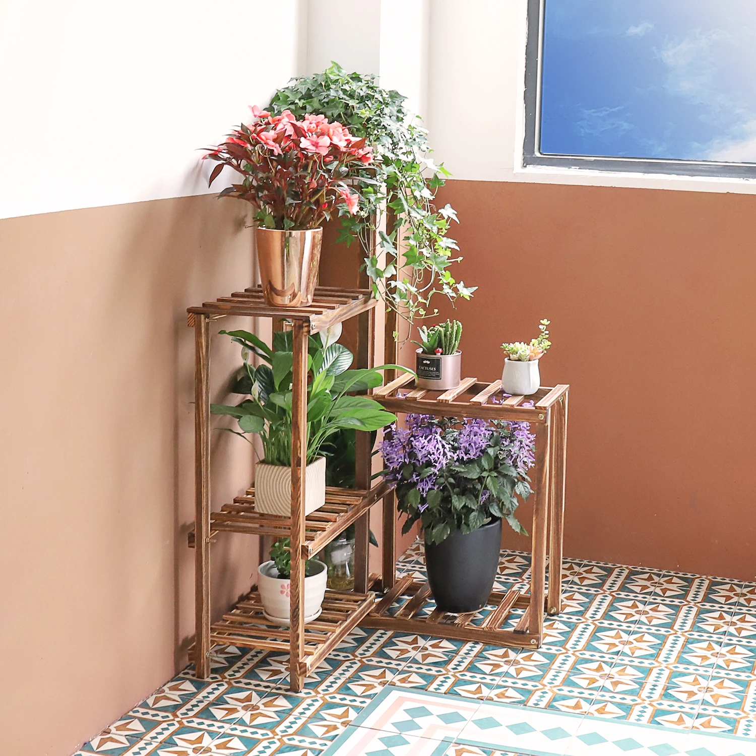 6 Tiers Wood Plant Stand Corner Plant Pot Ladder Shelf Display Rack
