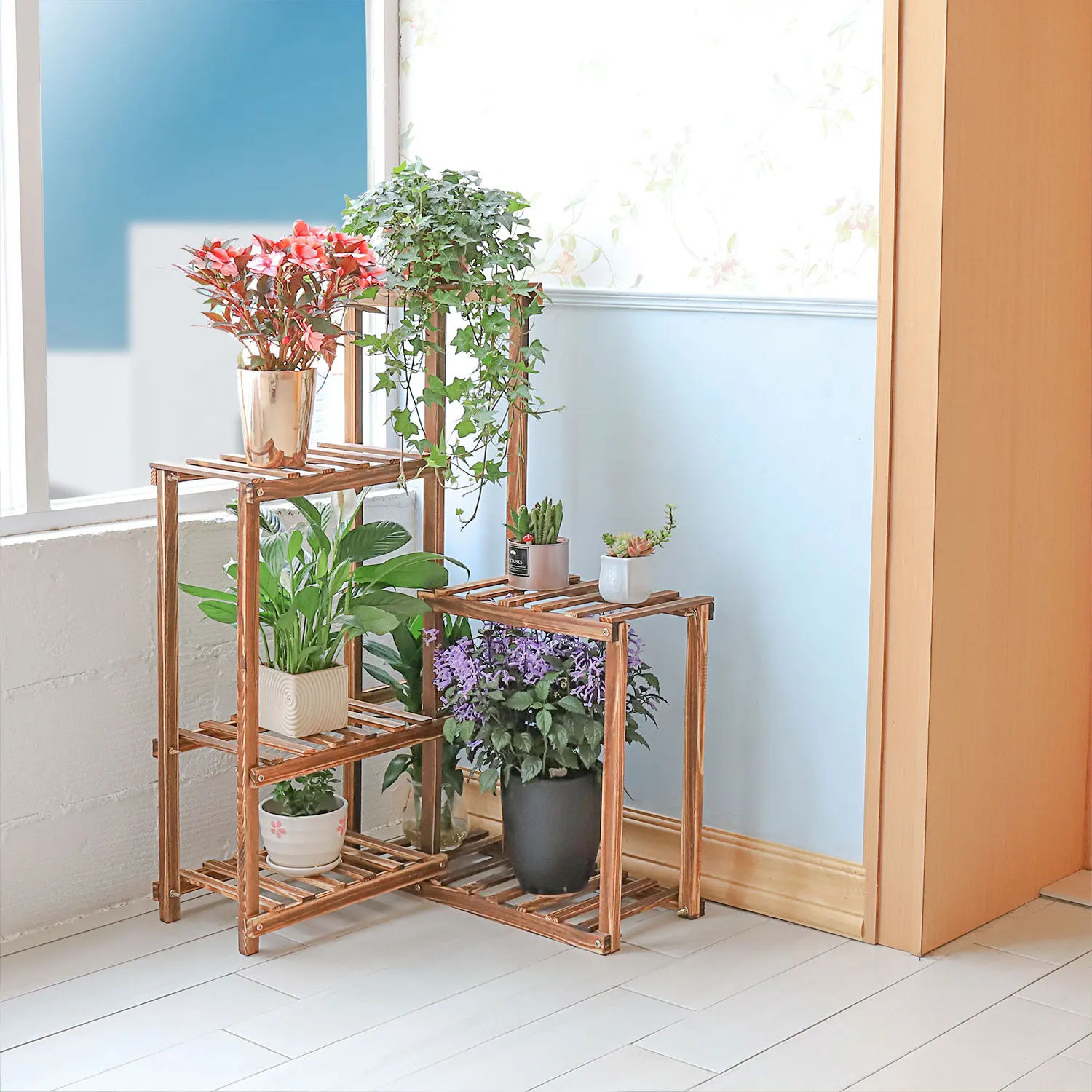 6 Tiers Wood Plant Stand Corner Plant Pot Ladder Shelf Display Rack