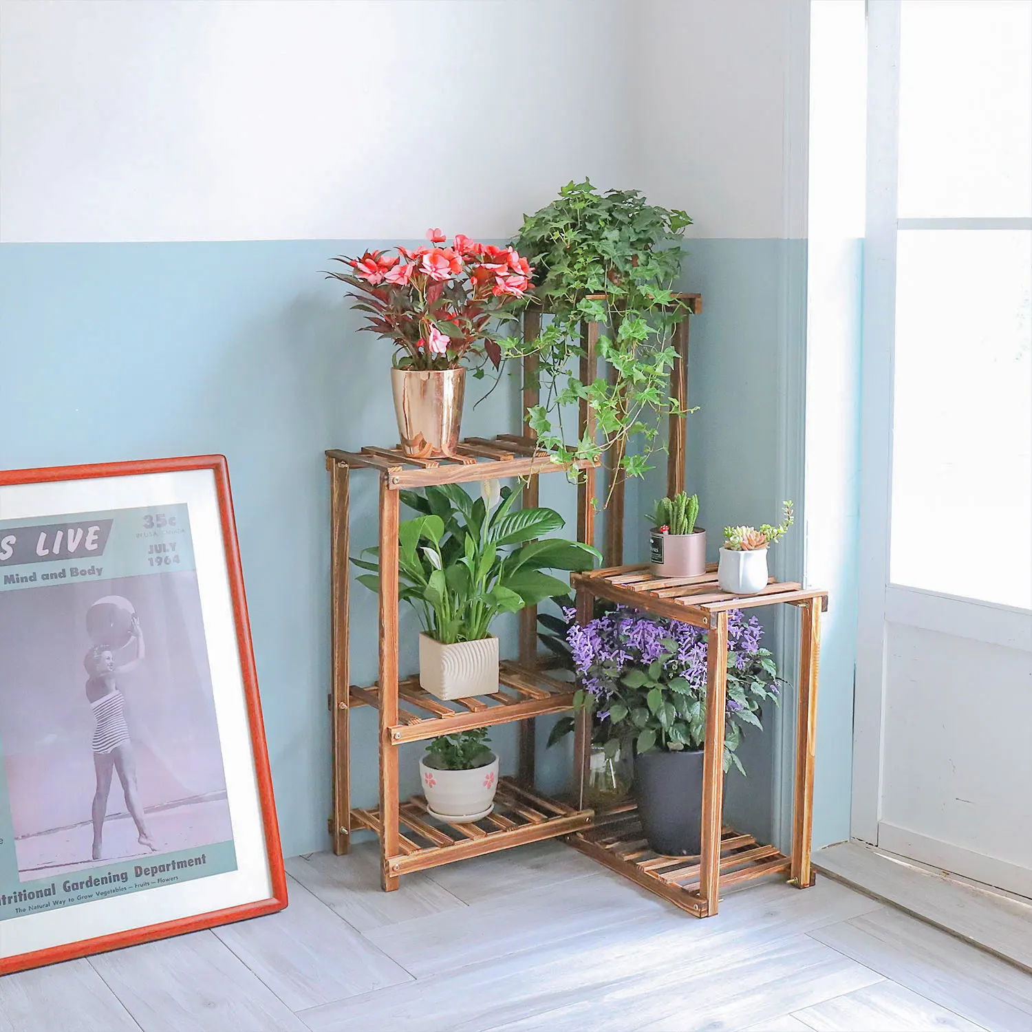 6 Tiers Wood Plant Stand Corner Plant Pot Ladder Shelf Display Rack