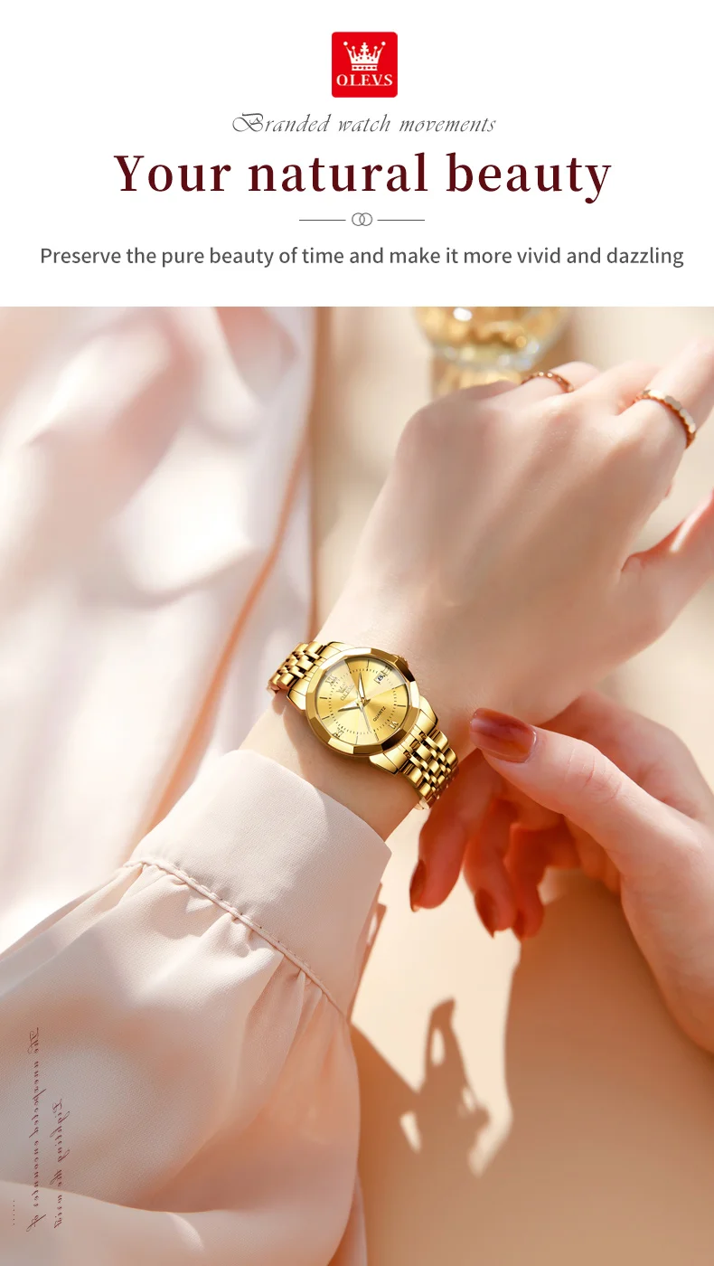 OLEVS 9989 Luxury Women's Watches Prismatic Mirror Stainless steel Waterproof Dual Calendar Elegant Quartz Watch for Ladies Set