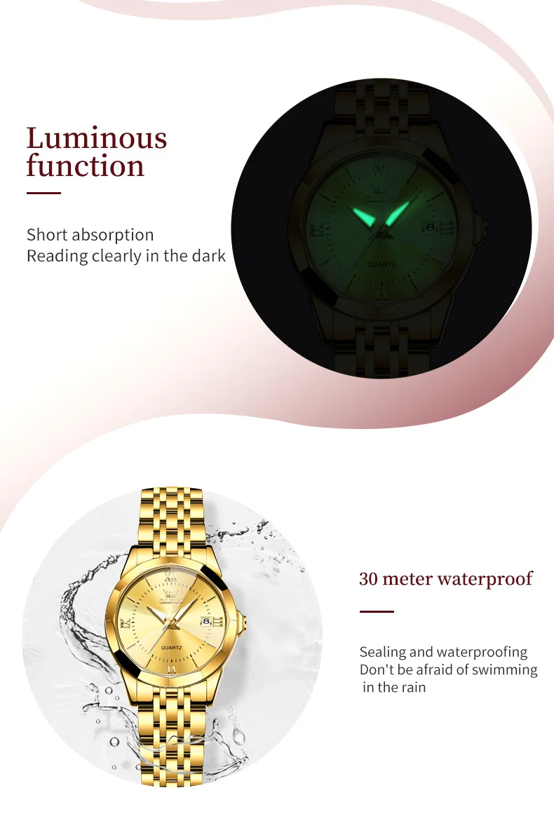 OLEVS 9989 Luxury Women's Watches Prismatic Mirror Stainless steel Waterproof Dual Calendar Elegant Quartz Watch for Ladies Set
