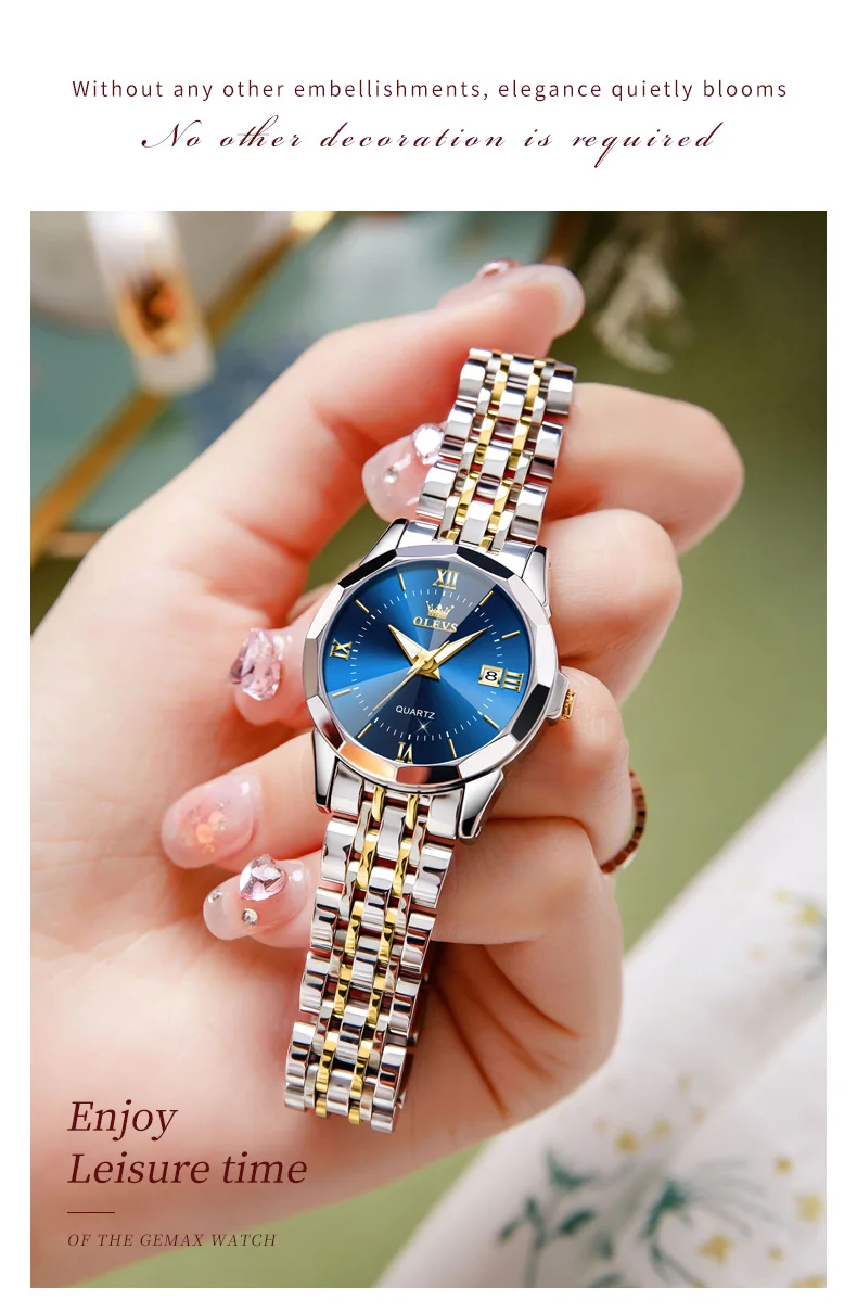 OLEVS 9989 Luxury Women's Watches Prismatic Mirror Stainless steel Waterproof Dual Calendar Elegant Quartz Watch for Ladies Set