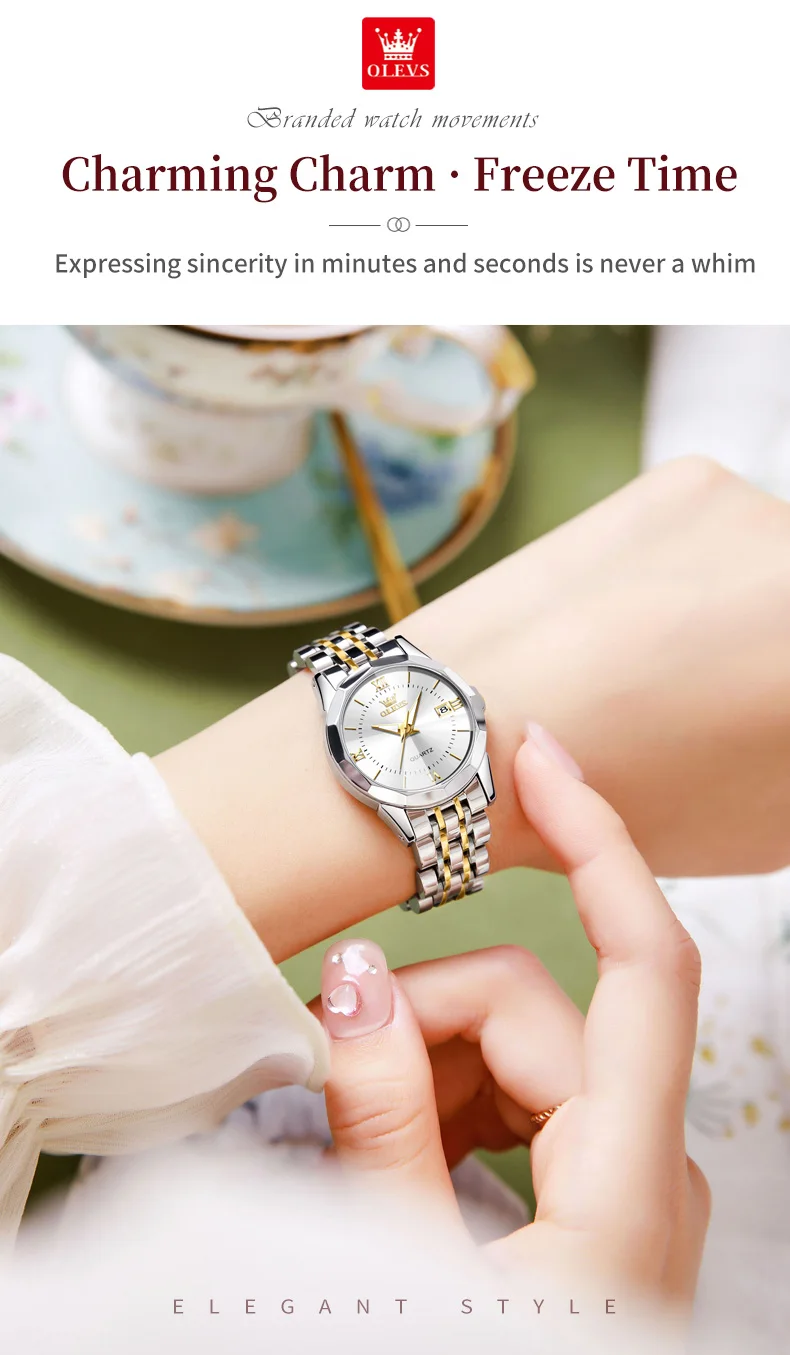 OLEVS 9989 Luxury Women's Watches Prismatic Mirror Stainless steel Waterproof Dual Calendar Elegant Quartz Watch for Ladies Set