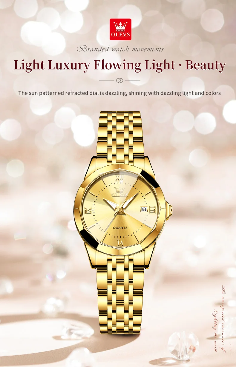 OLEVS 9989 Luxury Women's Watches Prismatic Mirror Stainless steel Waterproof Dual Calendar Elegant Quartz Watch for Ladies Set