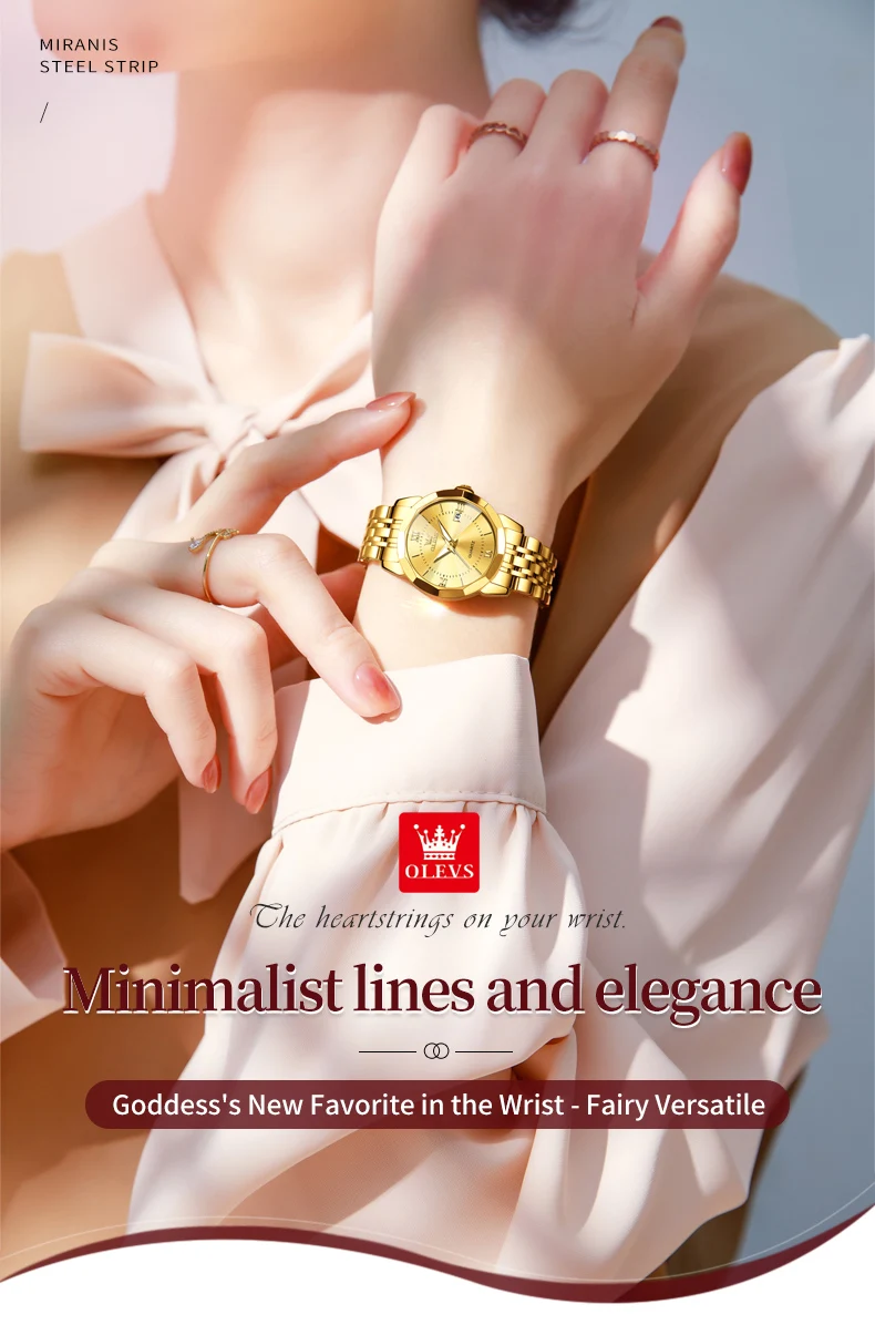 OLEVS 9989 Luxury Women's Watches Prismatic Mirror Stainless steel Waterproof Dual Calendar Elegant Quartz Watch for Ladies Set