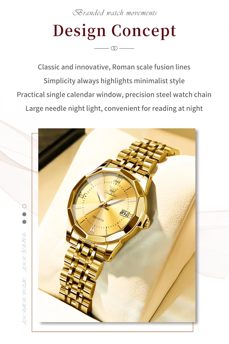 OLEVS 9989 Luxury Women's Watches Prismatic Mirror Stainless steel Waterproof Dual Calendar Elegant Quartz Watch for Ladies Set