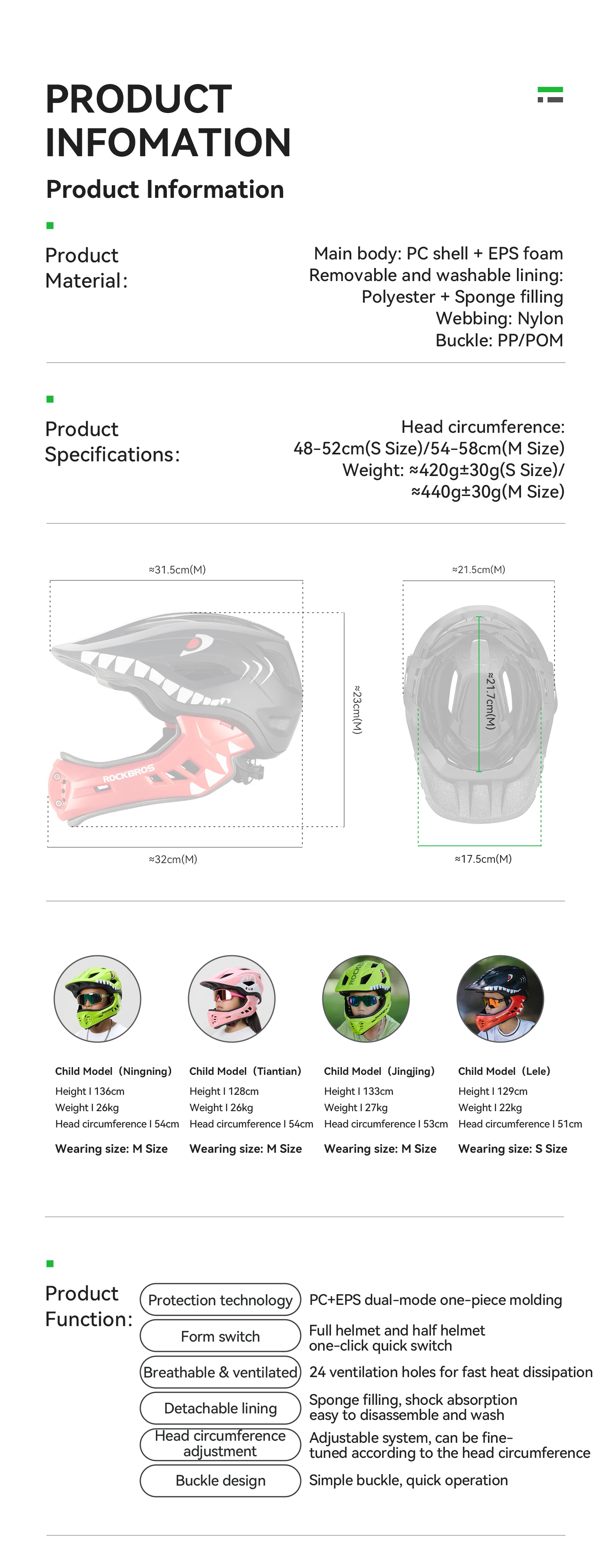 ROCKBROS Child Cycling Helmet Impact Resistant Cross Helmet Detachable Full Face Helmet Safety Protection Bicycle Scooter Helmet