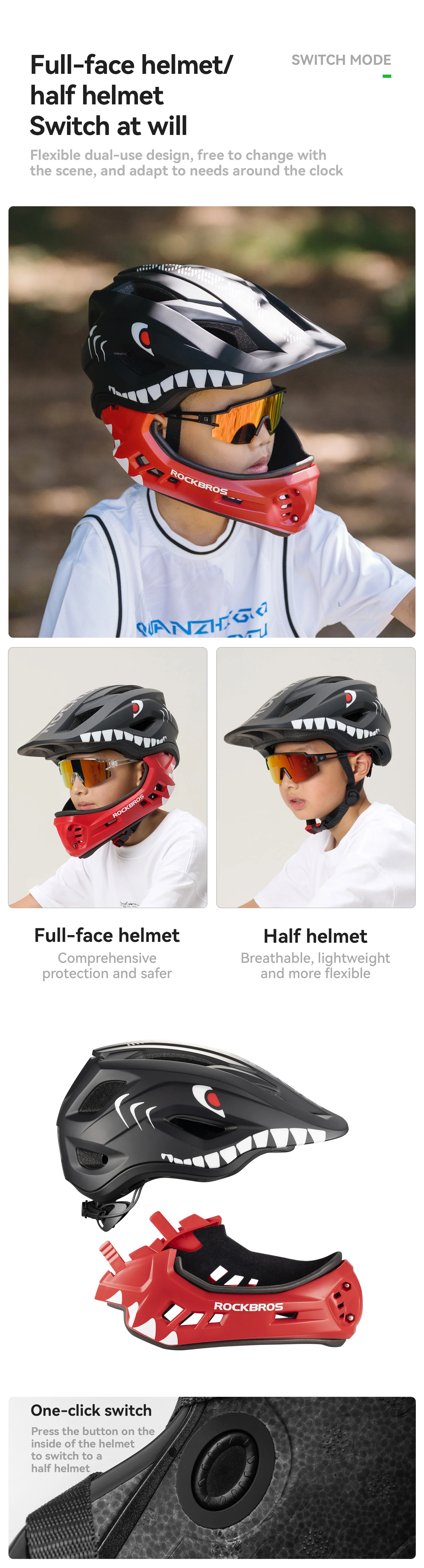 ROCKBROS Child Cycling Helmet Impact Resistant Cross Helmet Detachable Full Face Helmet Safety Protection Bicycle Scooter Helmet