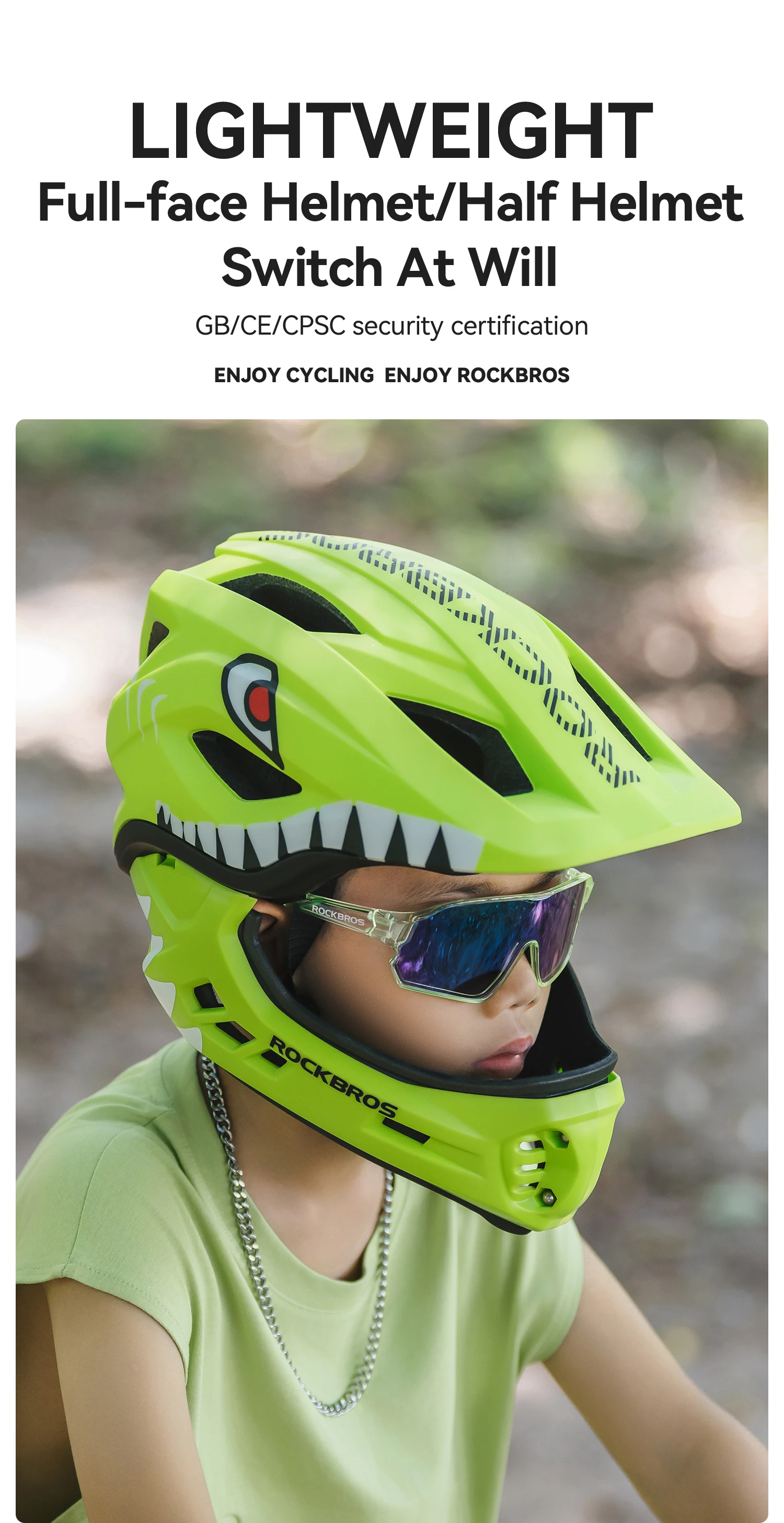 ROCKBROS Child Cycling Helmet Impact Resistant Cross Helmet Detachable Full Face Helmet Safety Protection Bicycle Scooter Helmet