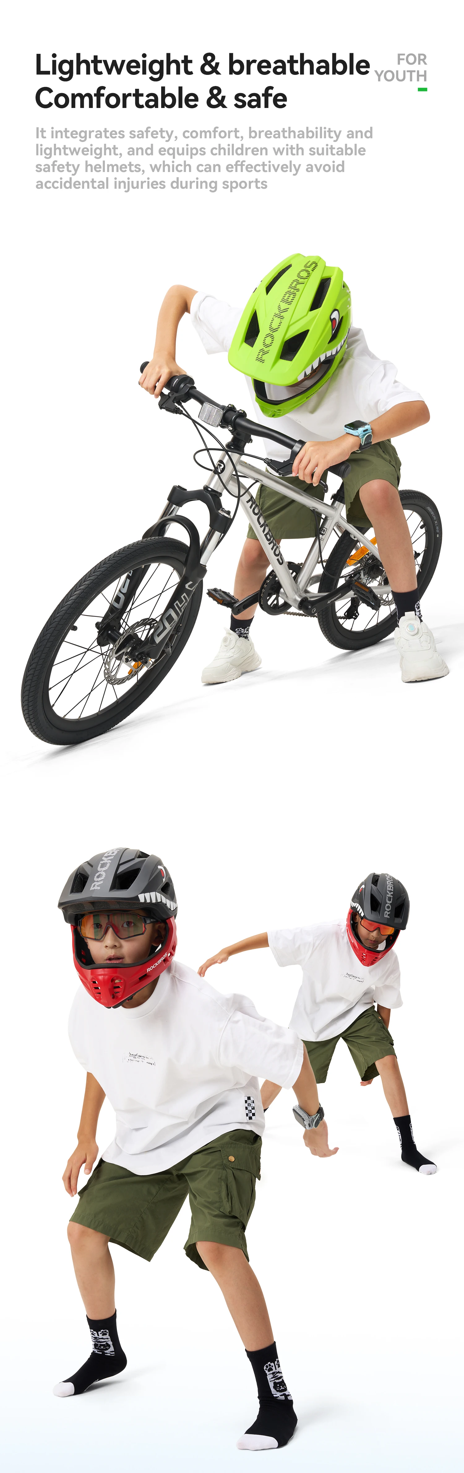 ROCKBROS Child Cycling Helmet Impact Resistant Cross Helmet Detachable Full Face Helmet Safety Protection Bicycle Scooter Helmet