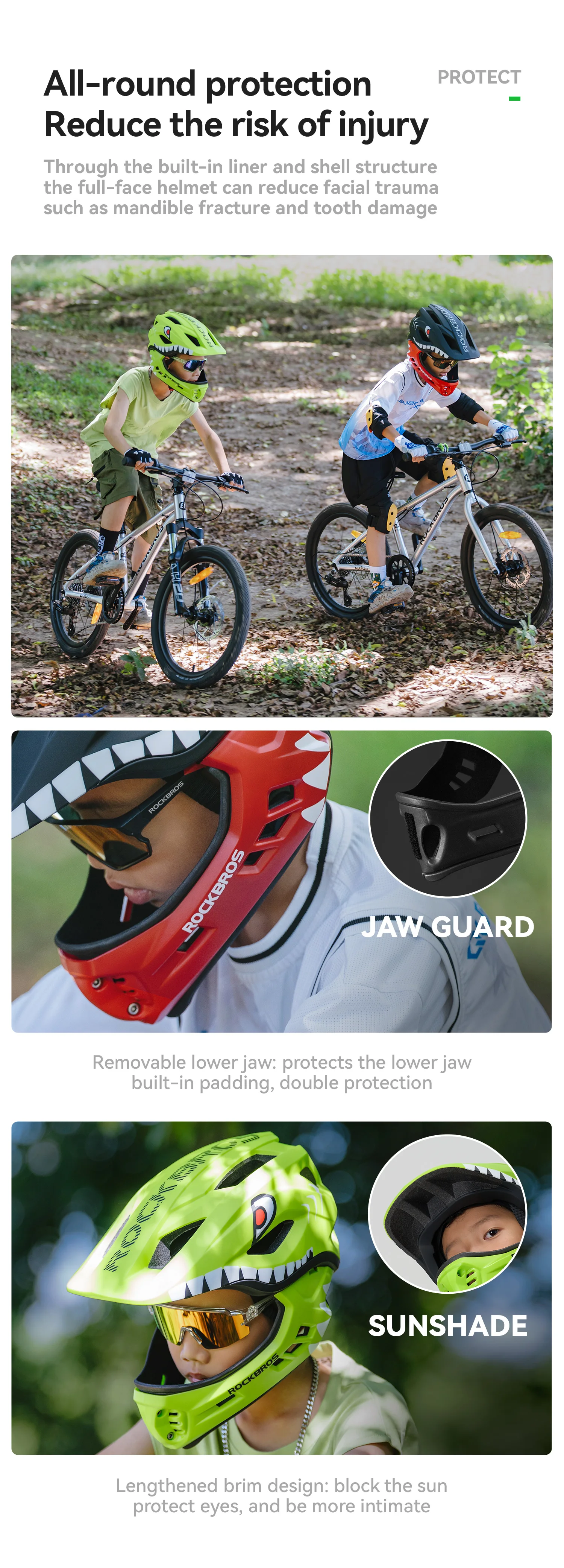 ROCKBROS Child Cycling Helmet Impact Resistant Cross Helmet Detachable Full Face Helmet Safety Protection Bicycle Scooter Helmet