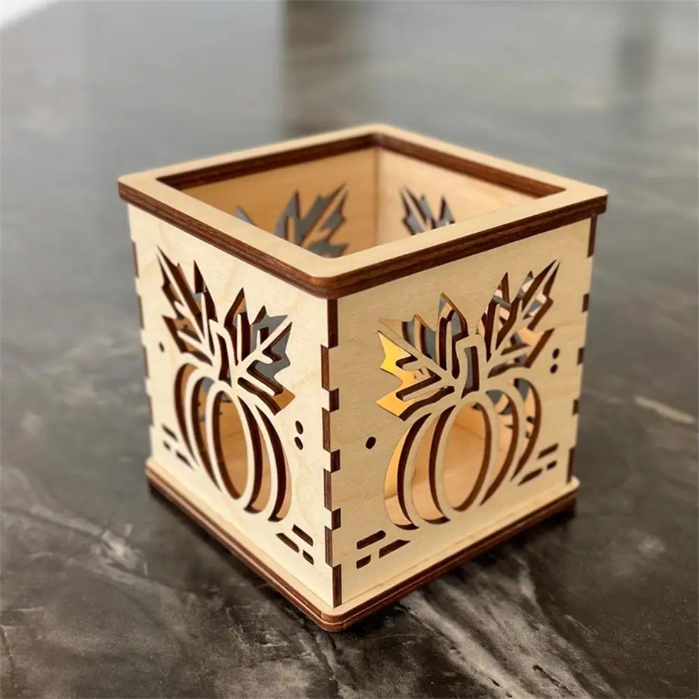 Wood Candle Holders Handcraft Wooden Square Cutout Pumpkin Lantern Fall Decorations Pumpkin Lantern With Electric Candle Holiday