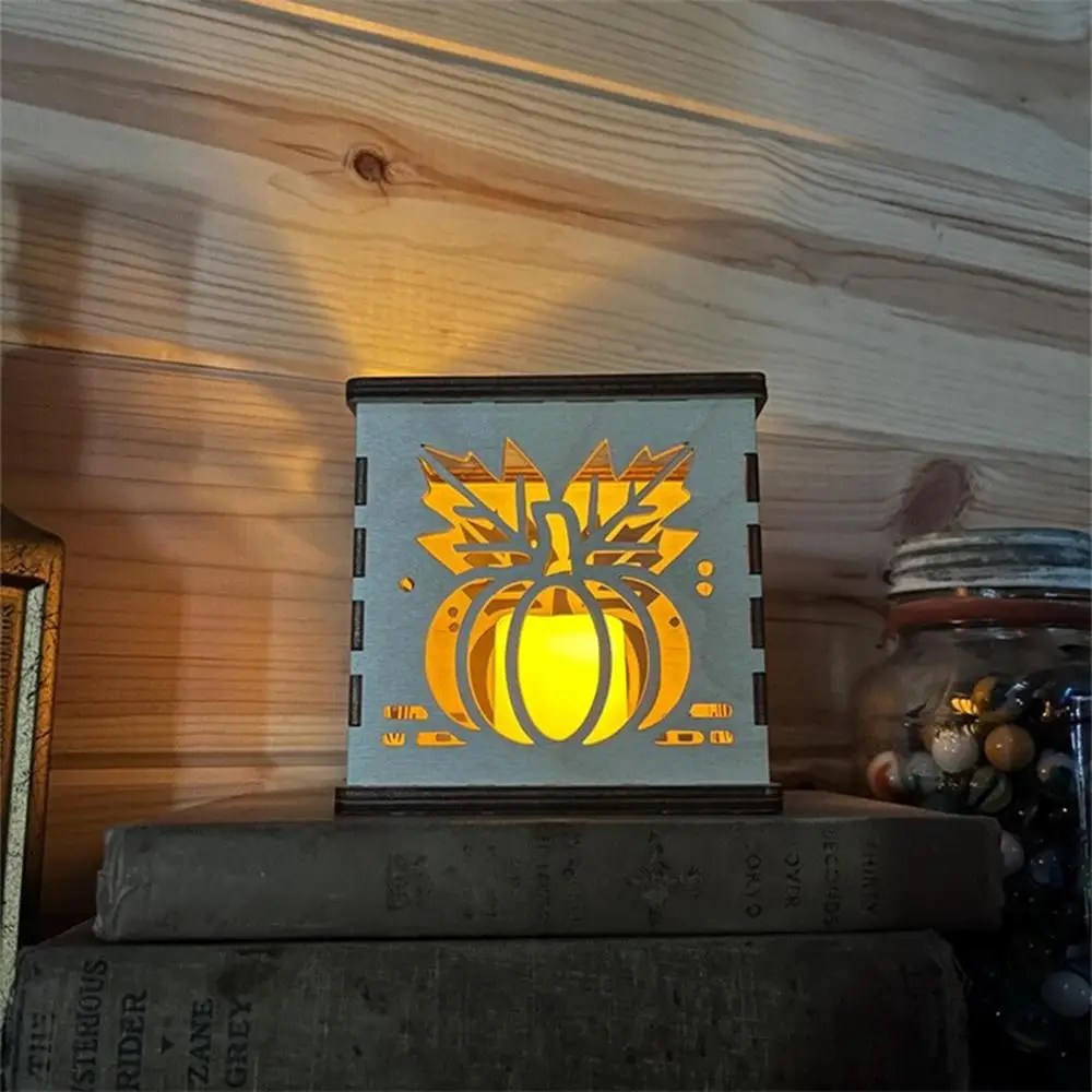 Wood Candle Holders Handcraft Wooden Square Cutout Pumpkin Lantern Fall Decorations Pumpkin Lantern With Electric Candle Holiday
