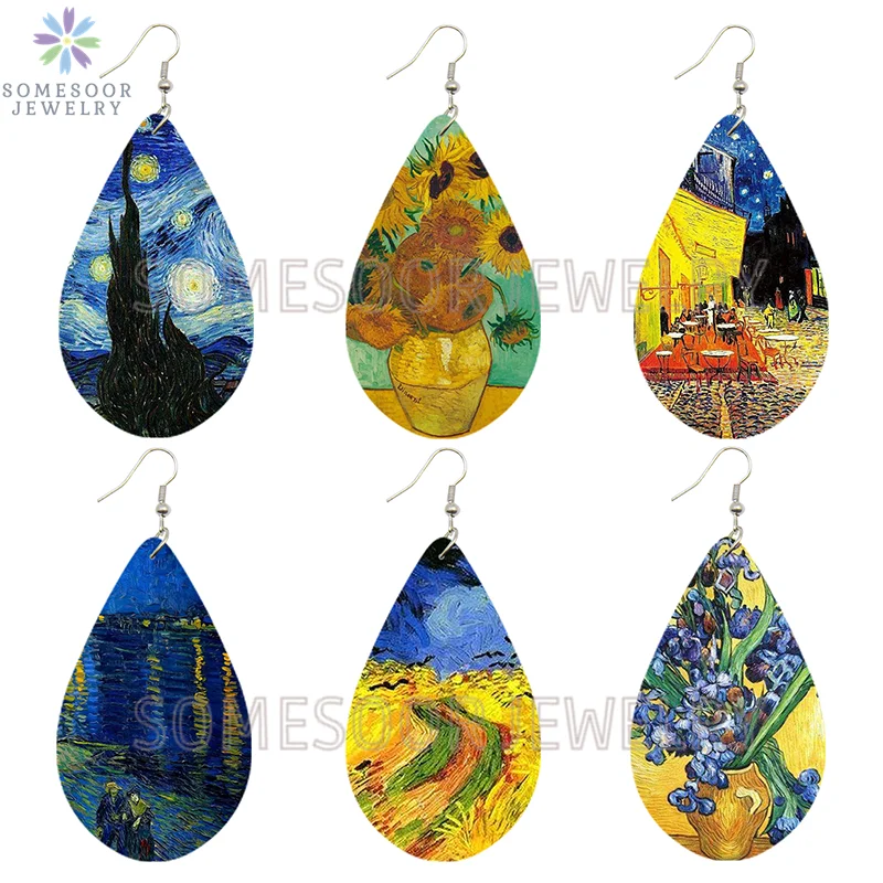 SOMESOOR Van Gogh Starry Night Art Printed Wooden Drop Earrings Golden Field Village Teardrop Pendant Dangle Jewelry Women Gifts