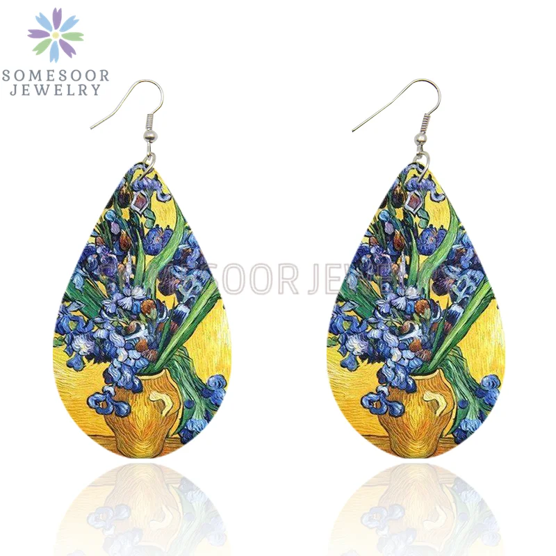 SOMESOOR Van Gogh Starry Night Art Printed Wooden Drop Earrings Golden Field Village Teardrop Pendant Dangle Jewelry Women Gifts