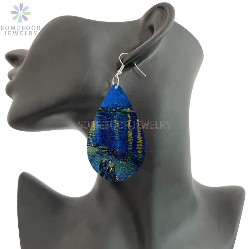SOMESOOR Van Gogh Starry Night Art Printed Wooden Drop Earrings Golden Field Village Teardrop Pendant Dangle Jewelry Women Gifts
