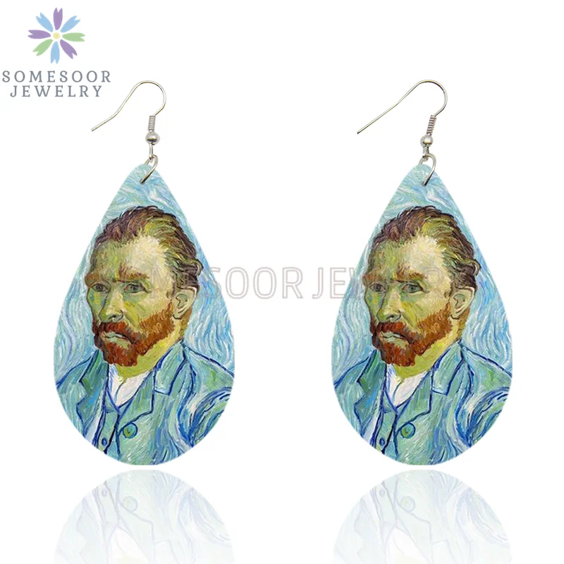 SOMESOOR Van Gogh Starry Night Art Printed Wooden Drop Earrings Golden Field Village Teardrop Pendant Dangle Jewelry Women Gifts
