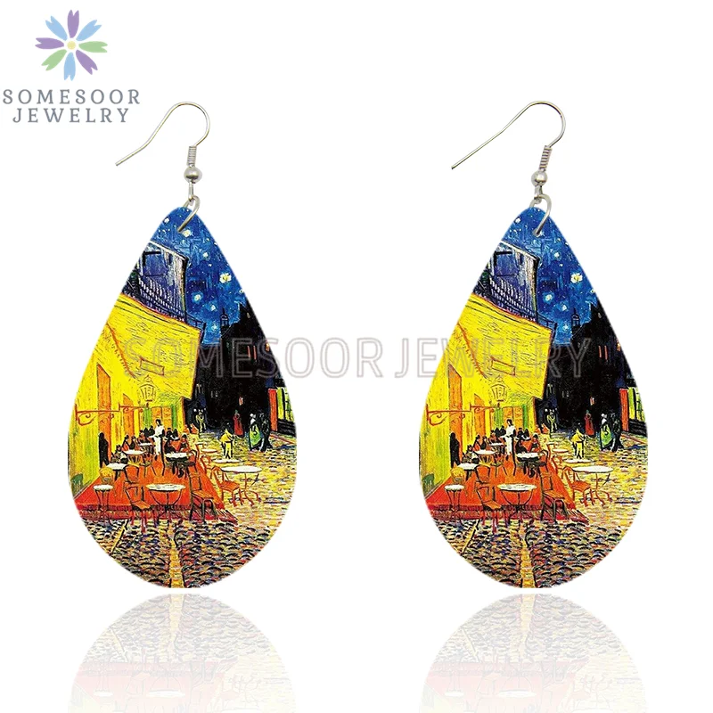 SOMESOOR Van Gogh Starry Night Art Printed Wooden Drop Earrings Golden Field Village Teardrop Pendant Dangle Jewelry Women Gifts