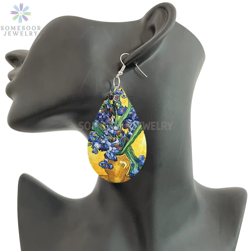 SOMESOOR Van Gogh Starry Night Art Printed Wooden Drop Earrings Golden Field Village Teardrop Pendant Dangle Jewelry Women Gifts