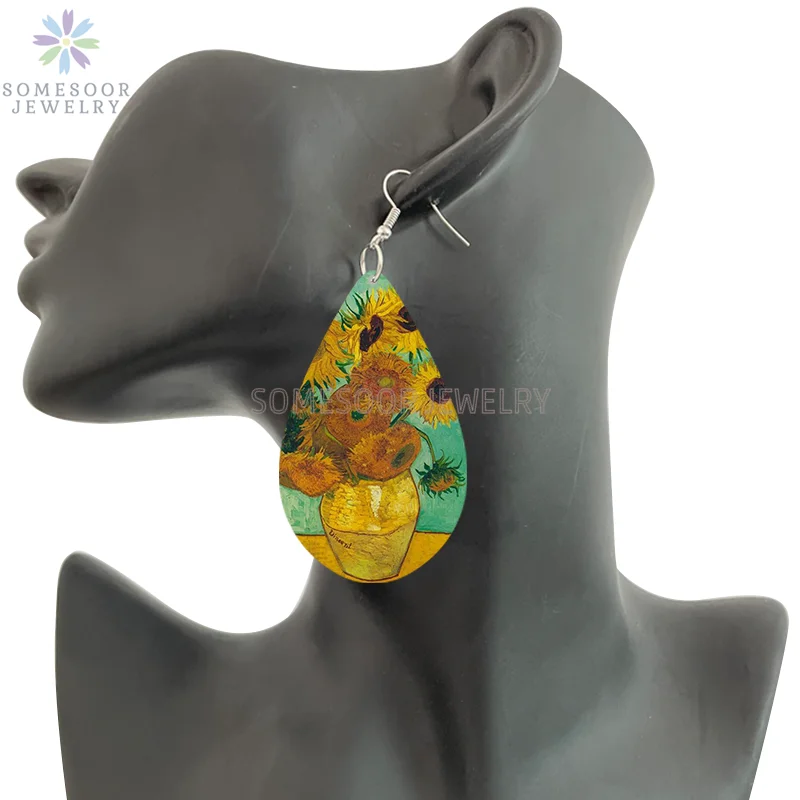 SOMESOOR Van Gogh Starry Night Art Printed Wooden Drop Earrings Golden Field Village Teardrop Pendant Dangle Jewelry Women Gifts