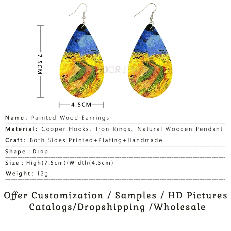 SOMESOOR Van Gogh Starry Night Art Printed Wooden Drop Earrings Golden Field Village Teardrop Pendant Dangle Jewelry Women Gifts