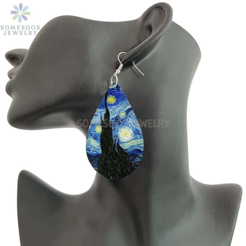 SOMESOOR Van Gogh Starry Night Art Printed Wooden Drop Earrings Golden Field Village Teardrop Pendant Dangle Jewelry Women Gifts