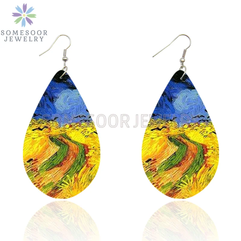 SOMESOOR Van Gogh Starry Night Art Printed Wooden Drop Earrings Golden Field Village Teardrop Pendant Dangle Jewelry Women Gifts