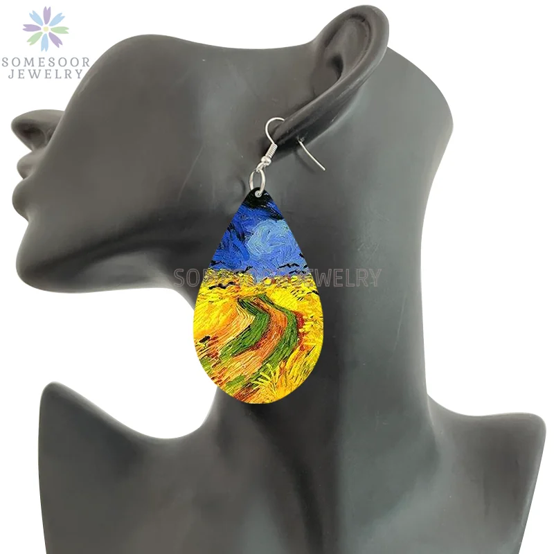 SOMESOOR Van Gogh Starry Night Art Printed Wooden Drop Earrings Golden Field Village Teardrop Pendant Dangle Jewelry Women Gifts