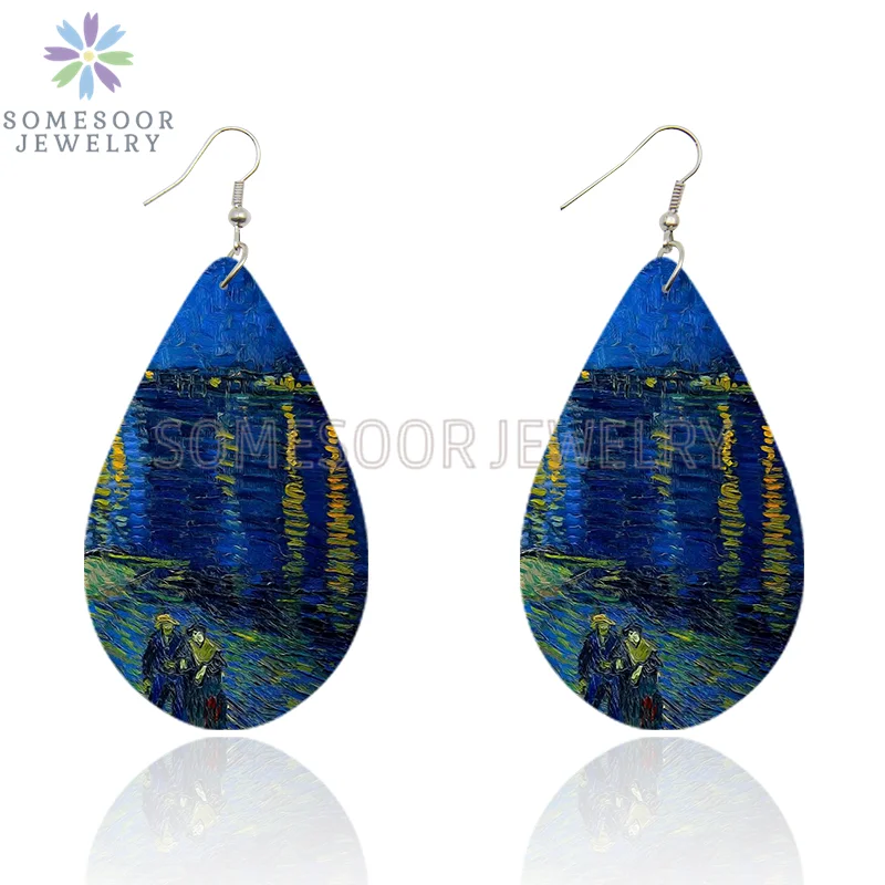 SOMESOOR Van Gogh Starry Night Art Printed Wooden Drop Earrings Golden Field Village Teardrop Pendant Dangle Jewelry Women Gifts