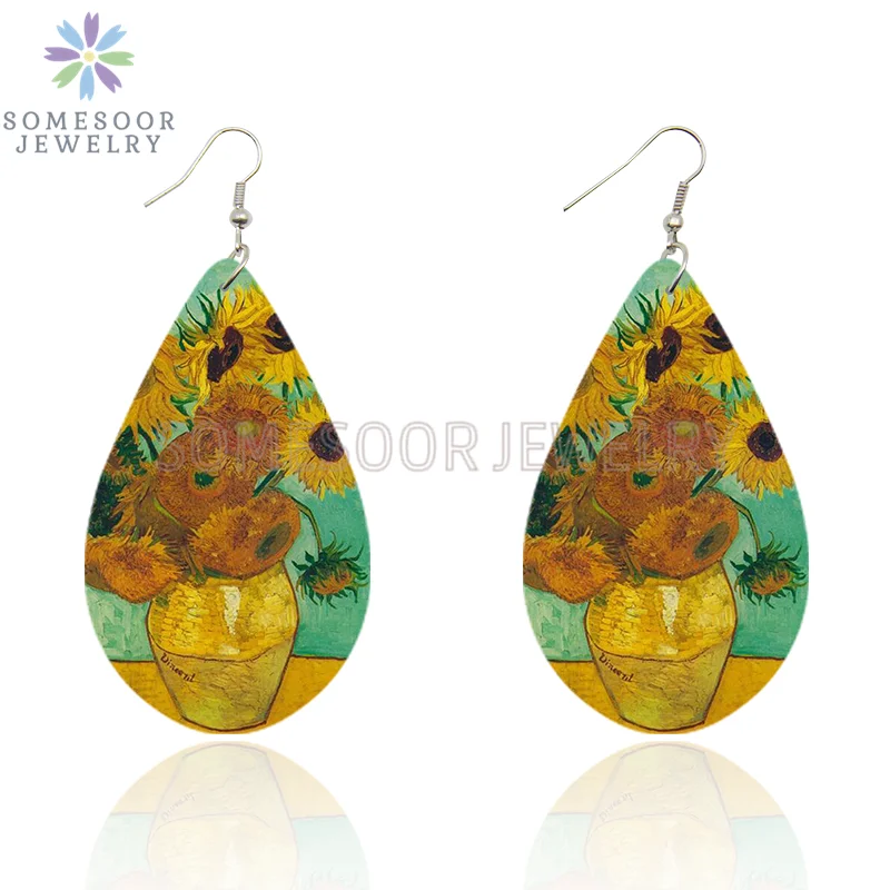 SOMESOOR Van Gogh Starry Night Art Printed Wooden Drop Earrings Golden Field Village Teardrop Pendant Dangle Jewelry Women Gifts