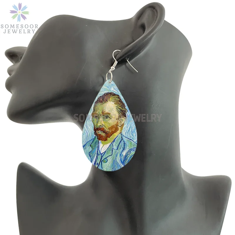 SOMESOOR Van Gogh Starry Night Art Printed Wooden Drop Earrings Golden Field Village Teardrop Pendant Dangle Jewelry Women Gifts