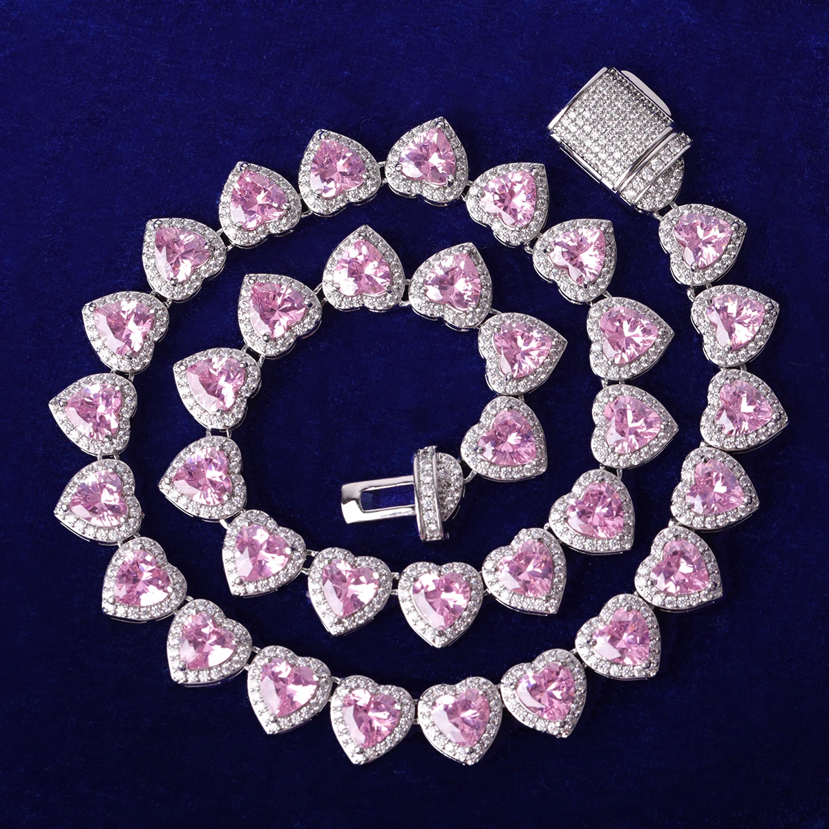Bubble Letter Clustered Heart Tennis Chain for Women Glossy Girl Choker Prong Setting Necklace Pink Hip Hop Jewelry