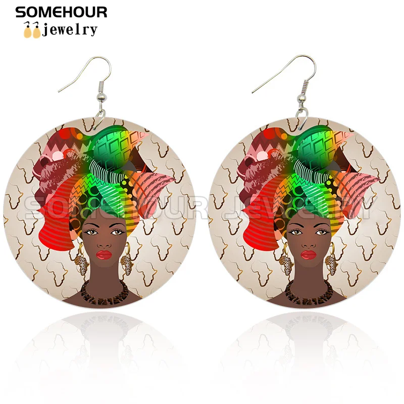 SOMEHOUR African Art Drawings Handmade Wooden Drop Earrings Afro Ethnic Combs Headwrap Printed Tribal Loops Dangle For Women