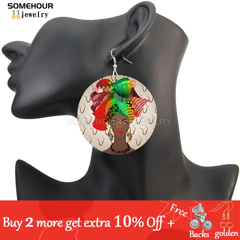 SOMEHOUR African Art Drawings Handmade Wooden Drop Earrings Afro Ethnic Combs Headwrap Printed Tribal Loops Dangle For Women