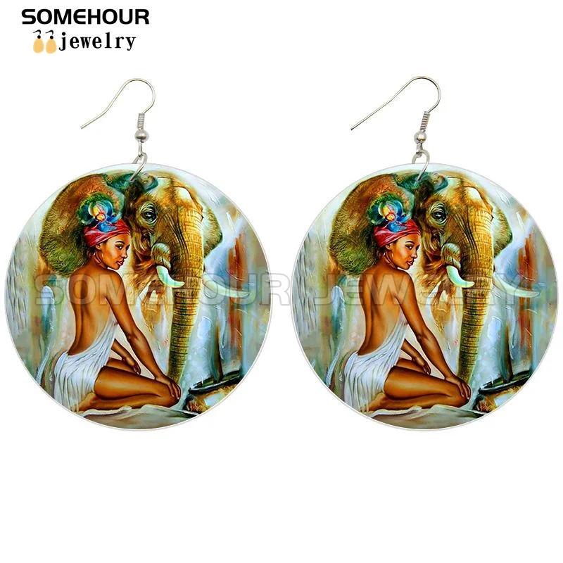 SOMEHOUR African Art Drawings Handmade Wooden Drop Earrings Afro Ethnic Combs Headwrap Printed Tribal Loops Dangle For Women