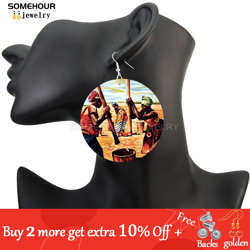 SOMEHOUR African Art Drawings Handmade Wooden Drop Earrings Afro Ethnic Combs Headwrap Printed Tribal Loops Dangle For Women