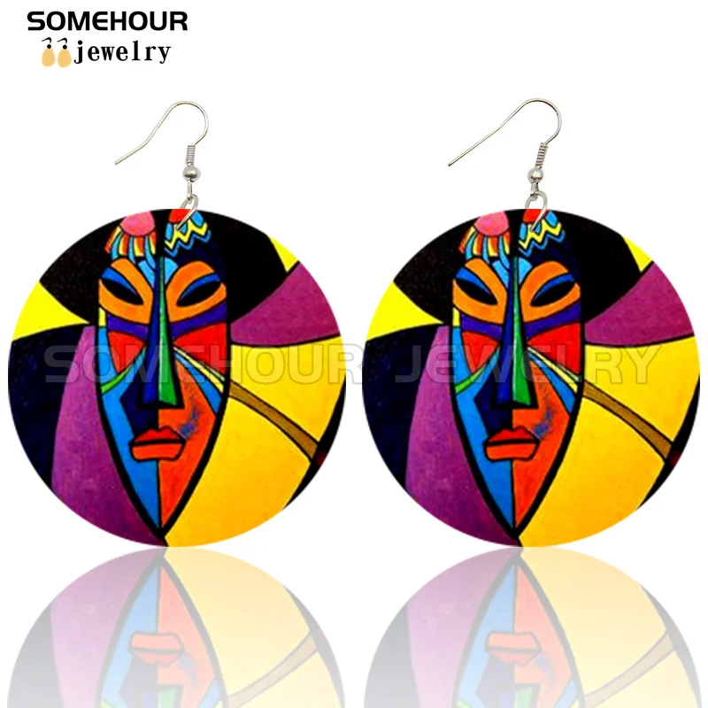 SOMEHOUR African Art Drawings Handmade Wooden Drop Earrings Afro Ethnic Combs Headwrap Printed Tribal Loops Dangle For Women