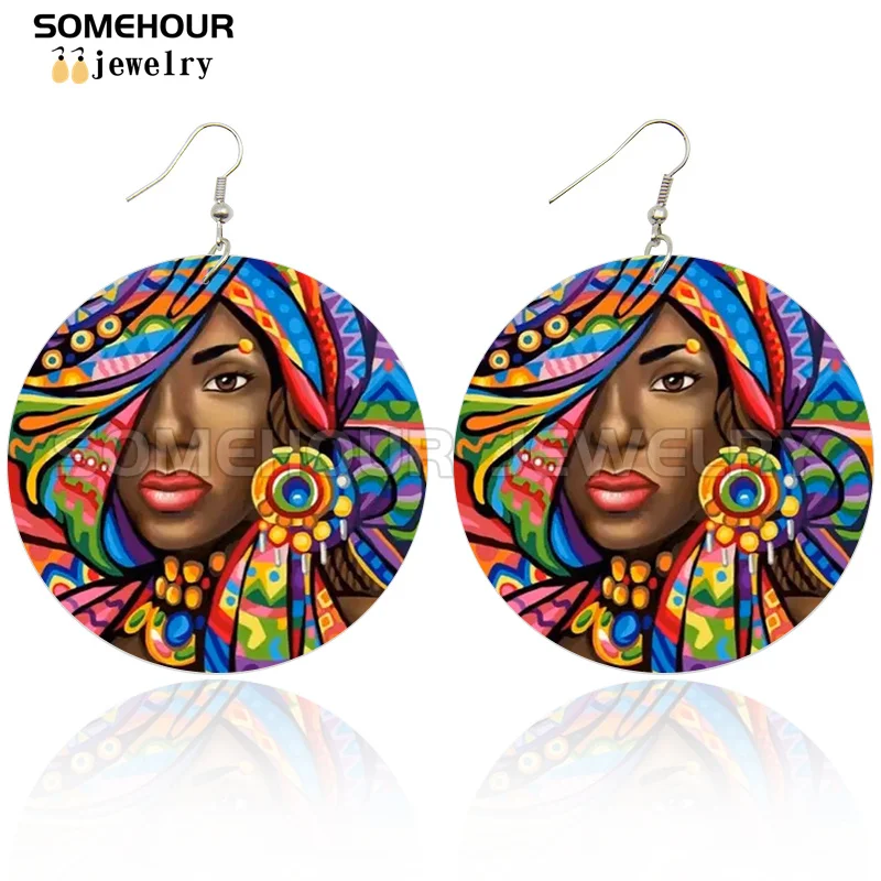 SOMEHOUR African Art Drawings Handmade Wooden Drop Earrings Afro Ethnic Combs Headwrap Printed Tribal Loops Dangle For Women