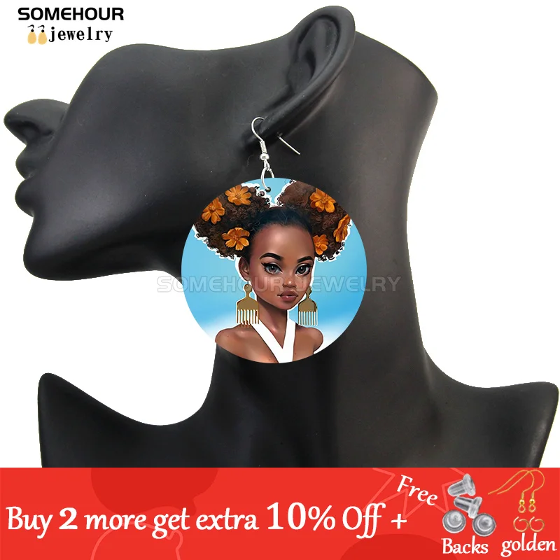 SOMEHOUR African Art Drawings Handmade Wooden Drop Earrings Afro Ethnic Combs Headwrap Printed Tribal Loops Dangle For Women