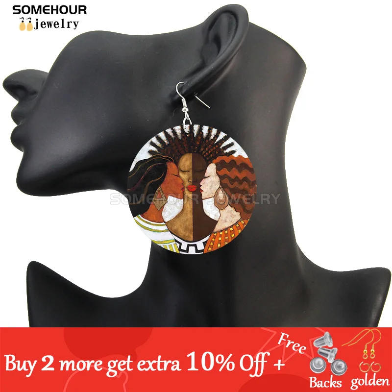 SOMEHOUR African Art Drawings Handmade Wooden Drop Earrings Afro Ethnic Combs Headwrap Printed Tribal Loops Dangle For Women