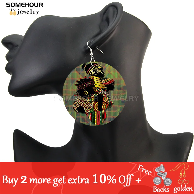 SOMEHOUR African Art Drawings Handmade Wooden Drop Earrings Afro Ethnic Combs Headwrap Printed Tribal Loops Dangle For Women
