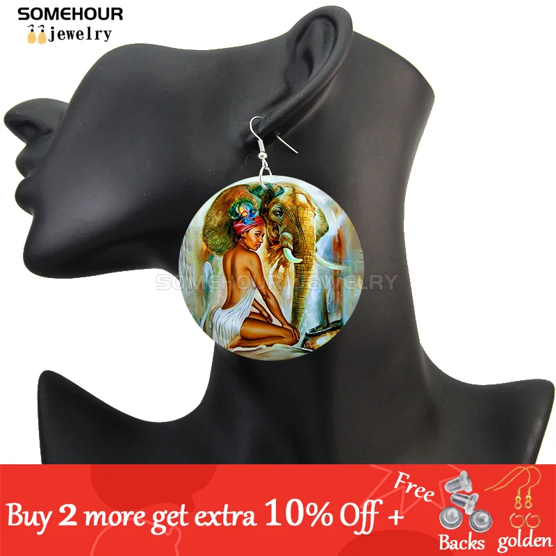 SOMEHOUR African Art Drawings Handmade Wooden Drop Earrings Afro Ethnic Combs Headwrap Printed Tribal Loops Dangle For Women