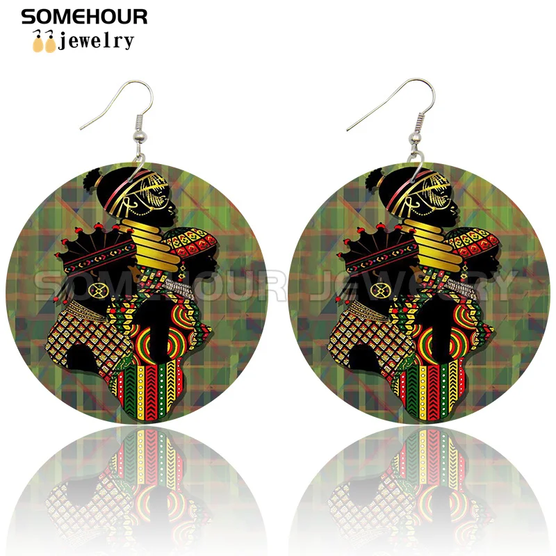 SOMEHOUR African Art Drawings Handmade Wooden Drop Earrings Afro Ethnic Combs Headwrap Printed Tribal Loops Dangle For Women