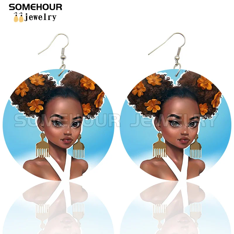 SOMEHOUR African Art Drawings Handmade Wooden Drop Earrings Afro Ethnic Combs Headwrap Printed Tribal Loops Dangle For Women