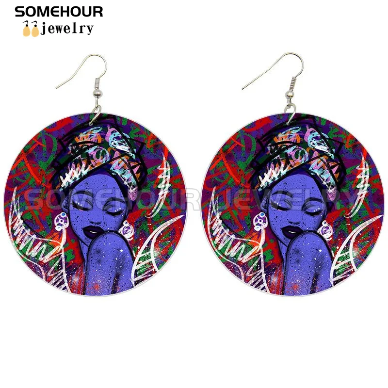 SOMEHOUR African Art Drawings Handmade Wooden Drop Earrings Afro Ethnic Combs Headwrap Printed Tribal Loops Dangle For Women