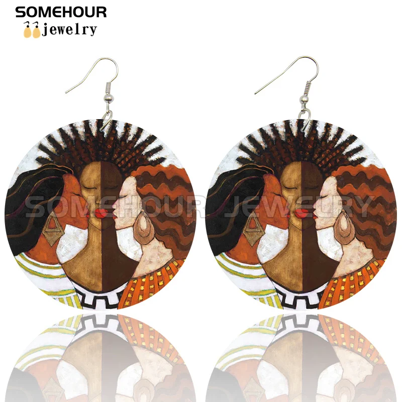 SOMEHOUR African Art Drawings Handmade Wooden Drop Earrings Afro Ethnic Combs Headwrap Printed Tribal Loops Dangle For Women