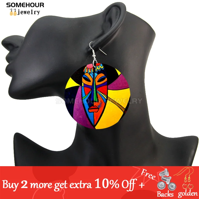 SOMEHOUR African Art Drawings Handmade Wooden Drop Earrings Afro Ethnic Combs Headwrap Printed Tribal Loops Dangle For Women