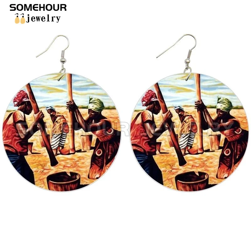SOMEHOUR African Art Drawings Handmade Wooden Drop Earrings Afro Ethnic Combs Headwrap Printed Tribal Loops Dangle For Women