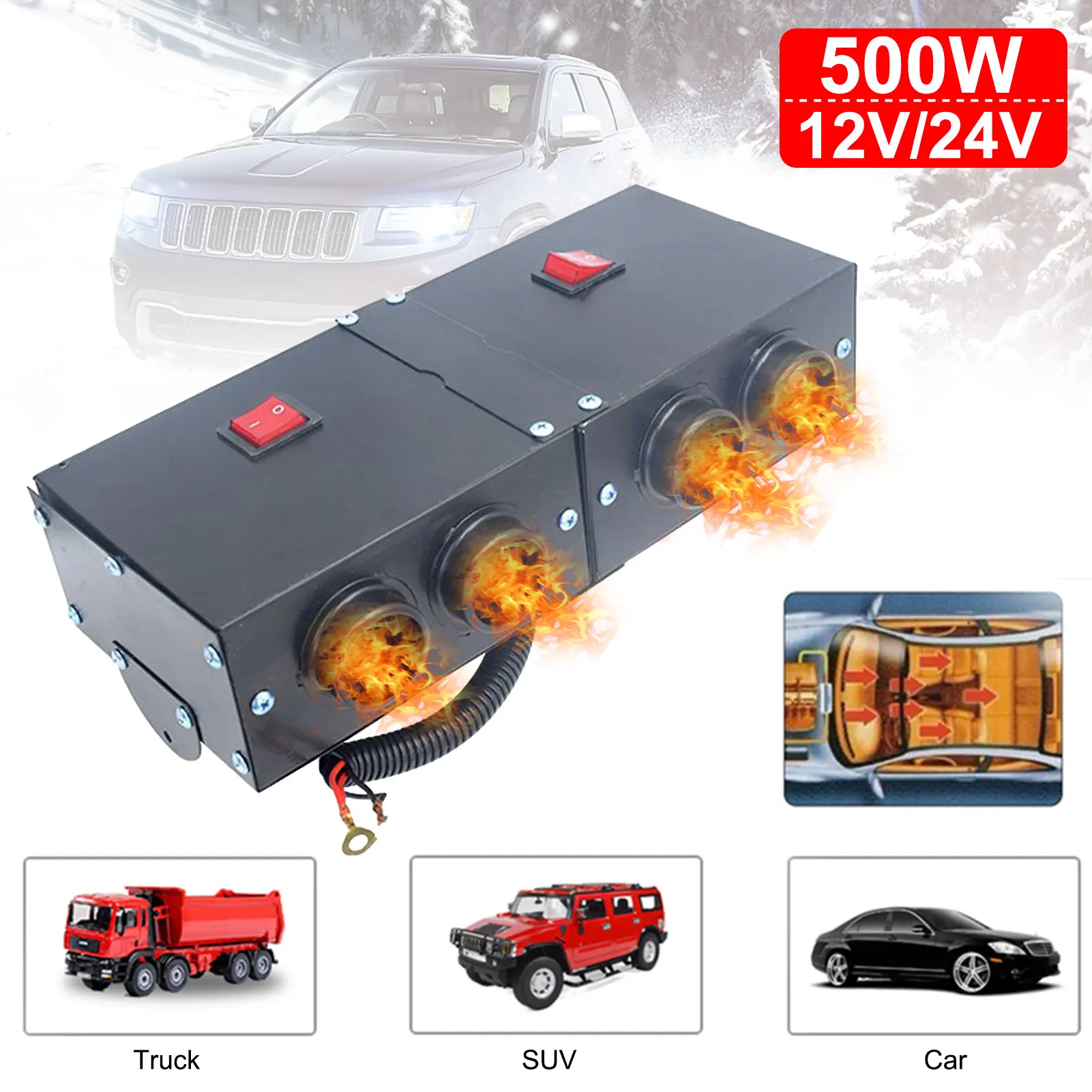 24V 2-4Port Car Heater Defroster Portable Car Electric Dryer Windshield Windscreen Demister 12V 500W Heater Fan For RV SUV Truck